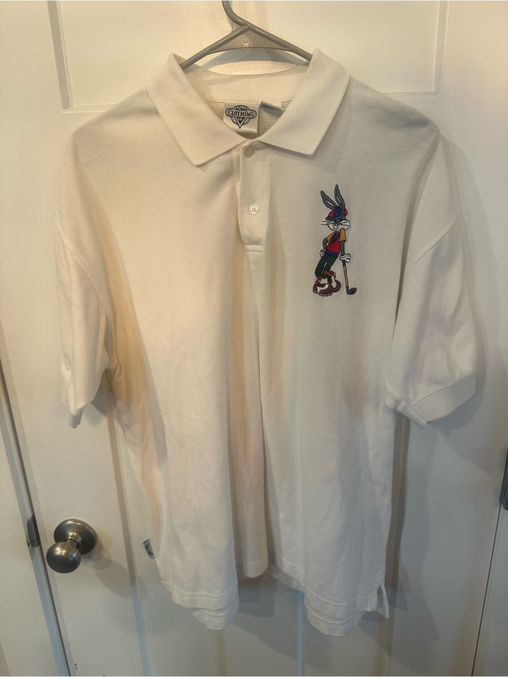 Vintage 1991 Acme Clothing Bugs Bunny White Golf Polo Embroidered Logo Shirt L